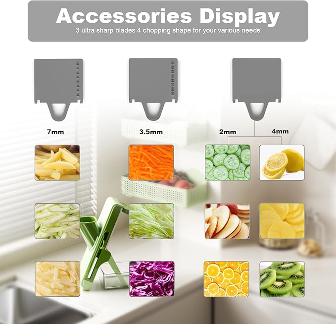 Eletronova Safe Mandoline Slicer for Kitchen, Vegetable Slicer for Kitchen，Kitchen Food Slicer, French Fry Cutter Julienne Dicer for Vegetables Grey (White & Green) (White Light Gray)