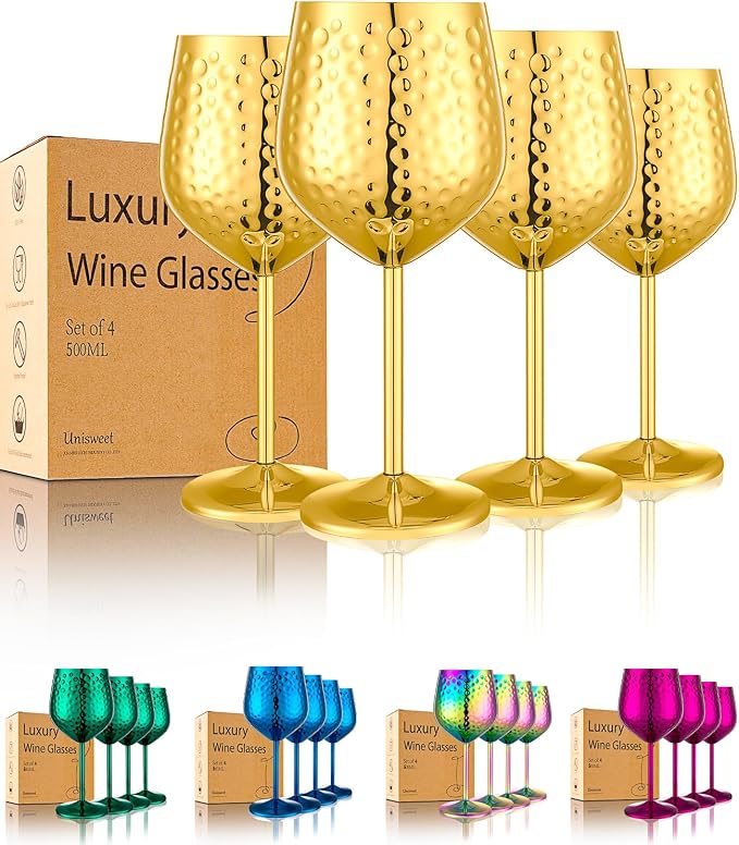 UNISWEET Stainless Steel Wine Glasses Set of 4 Unbreakable (Gold) | 17 oz Large-capacity Hammered Goblets, Lightweight & Reusable, Good for Outdoor, Camping, Pool Travel, Gift for Wine Lovers