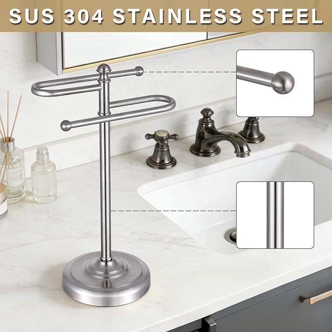 Hand Towel Stand,304 Stainless Steel Hand Towel Holder for Bathroom Kitchen Counter，14.5 Inch S-Shape Weighted Base Standing Hand Towel Rack Bar Holds 2 Towels (Brushed Nickel)