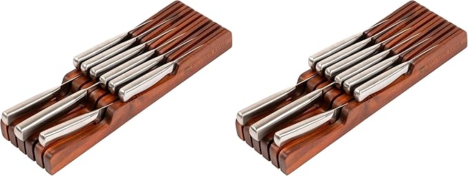 KitchenEdge Acacia Wood Kitchen Knife Block Holder Organizer - Holds 5 Long + 6 Short Knives (Not Included), Fits Most Knife Sizes, Rubber Feet, Premium Food-Safe Finish, In-Drawer Design (Pack of 2)