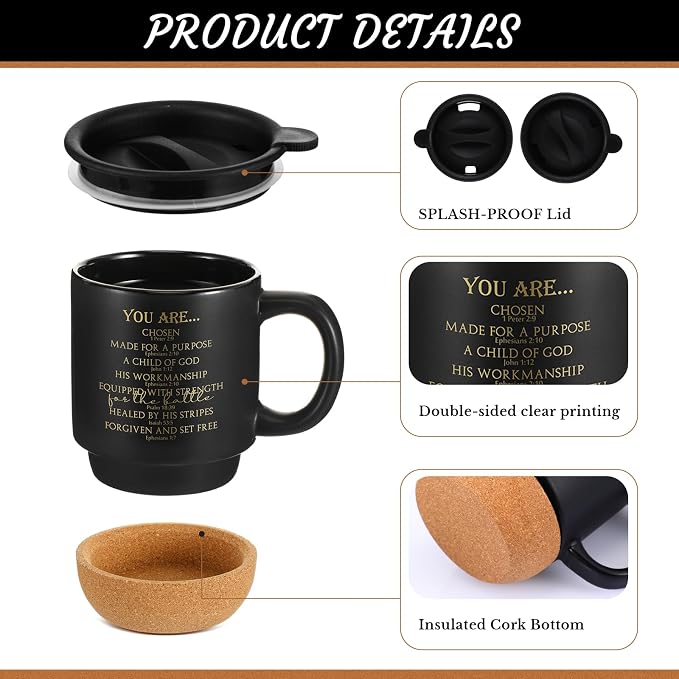 Didaey 6 Pcs Man of God Gifts for Men Christian Mugs Bulk with Cork Bottom 15 oz Bible Verses Cup Ceramic Religious Coffee Mug Thank You Gift for Father Dad Grandpa Church Christmas (Black)