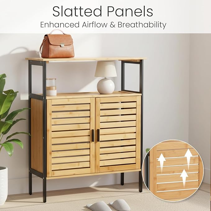 25" Bamboo Bathroom Storage Cabinet with Double Slatted Doors, Freestanding Floor Cabinet Organizer with Open Shelf, Modern Storage for Bathroom Kitchen Living Room