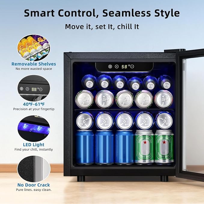Antarctic Star 48 Can Mini Beverage Refrigerator, 1.3 Cu.Ft Compact Drink Cooler with Glass Door, Adjustable Temp 40-61°F, Quiet Freestanding Wine & Soda Cooler for Home Office Dorm, LED Lit