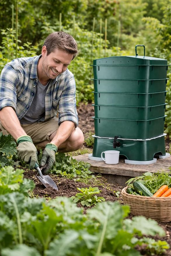 The Original VermiHut® Plus 5-Tray Worm Composter – Dark Green | Indoor & Outdoor Vermicomposting Bin | Sustainable Design for Food Waste Recycling