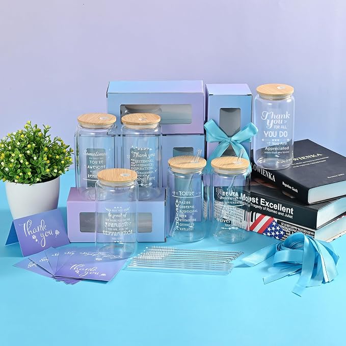6 Set Employee Appreciation Gifts Bulk, OLSUNOR Personalized Inspirational Thank You Gifts for Graduation Season Coworker 16 oz Can Shaped Beer Glass Cups, Gift Box and Card for Team Women Men Teacher