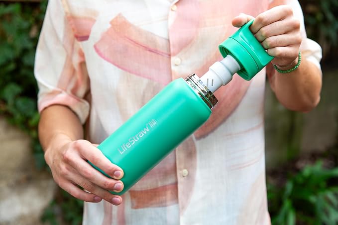 LifeStraw Go Series — Insulated Stainless Steel Water Filter Bottle for Travel and Everyday Use Removes Bacteria, Parasites and Microplastics, Improves Taste, 24 oz, Cactus Green