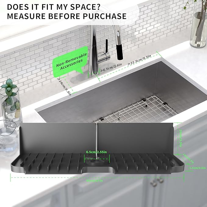 LVJING 17” x 5.5” Silicone Faucet Handle Drip Catcher Tray Mat, Silicone Faucet Mat Dish Soap Sponge Holder for Kitchen Sink, Drying Mat for Kitchen Counter Bathroom Kitchen Sink Splash Guard - Black