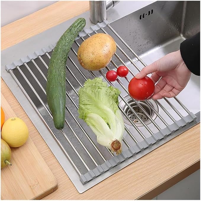 Roll Up Dish Drying, 37-47CM Stainless Steel Over The Sink Dish Drying Rack with Silicone Wrapped Anti-Slip Foldable Multipurpose Dish Drainers(Gray,37x30cm/14.6x11.8in)