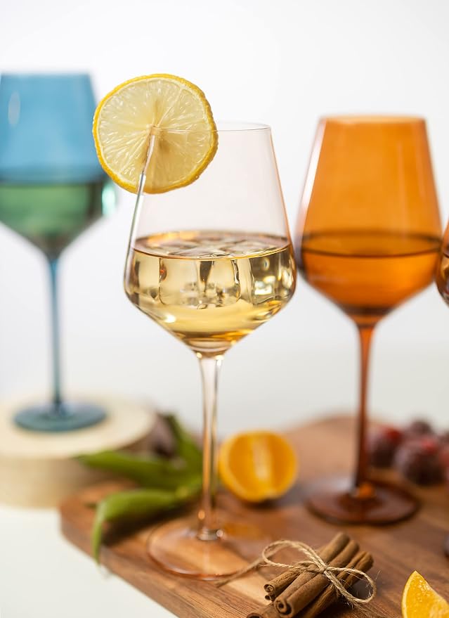Saludi Original Light Peach Wine Glasses, 16.5oz (Set of 6) Color of the Year Glass - Great for All Wine Types and Occasions or Gifts - Luxury, Durable, Hand-Blown