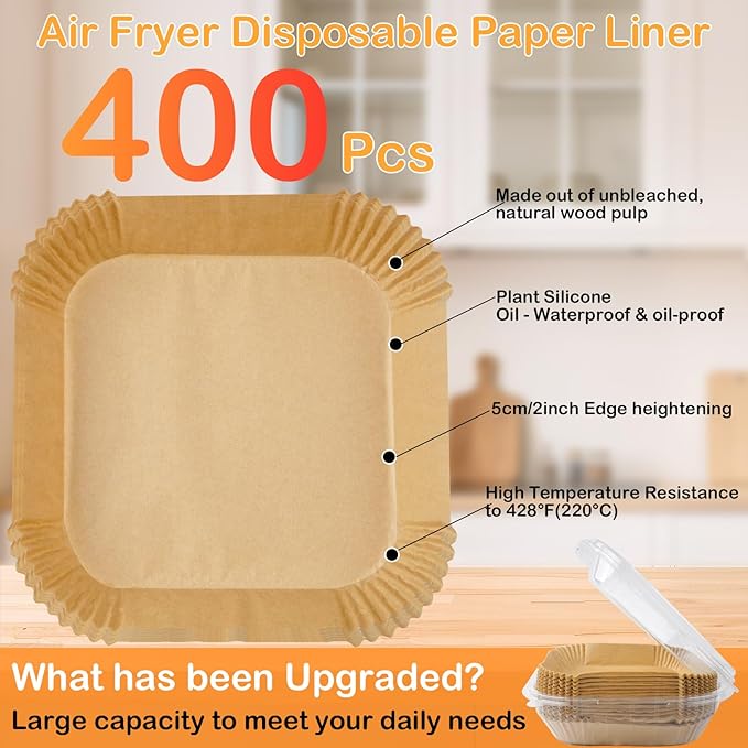 400 Pcs Air Fryer Liners Disposable, 8” Square Unbleached Heavy Duty Air Fryer Paper Liners, Parchment Paper for 5-8 qt Airfryer Basket, Non-Stick & Non-Leak Airfryer Liners for Deep Fryer Accessories