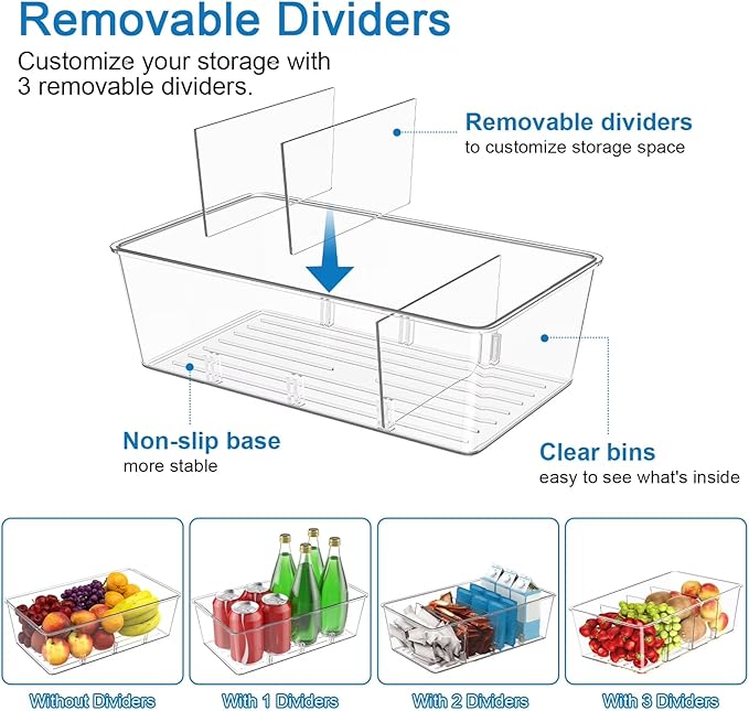 4 Pack Food Storage Organizer Bins, Multipurpose Pantry Organizer, 4 Compartment Clear Plastic Bins for Packets, Snacks, Pouches, Spice Packets - Versatile for Kitchen Fridge & Cabinet
