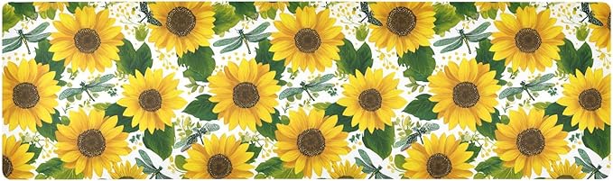 2 in 1 Table Runner Trivet for Hot Pots and Pans Heat Resistant Non Slip Waterproof 39 x 12 Inch Decorative Table Protector for Kitchen Countertop Cute Yellow Sunflowers and Dragonflies