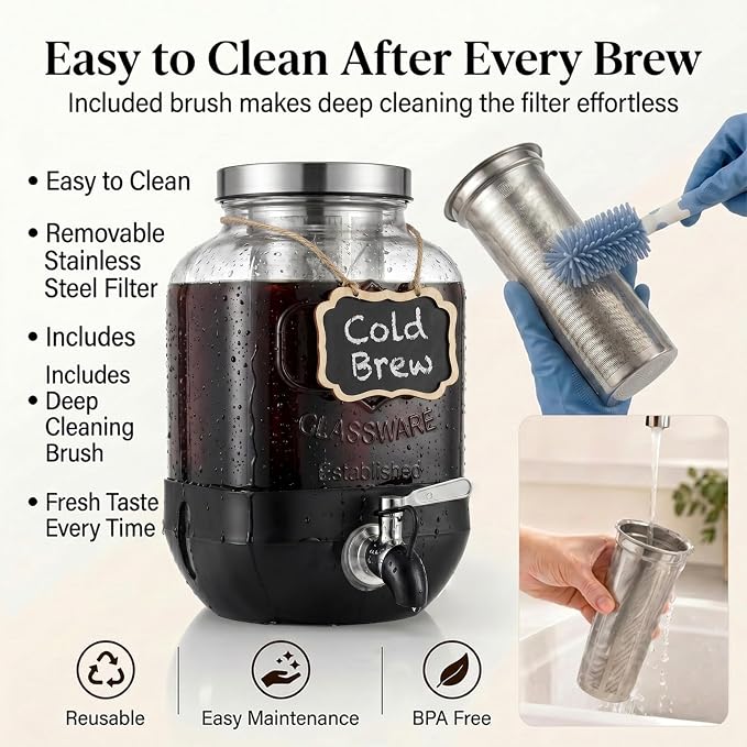 Cold Brew Coffee Maker With, Cold Brew Pitcher,1 Gallon Glass Pitcher With Stainless Steel Filter,304 Stainless Steel Leak-Proof Spigot,100% Leakproof,Large Iced Coffee Maker for Home, Easy to Use