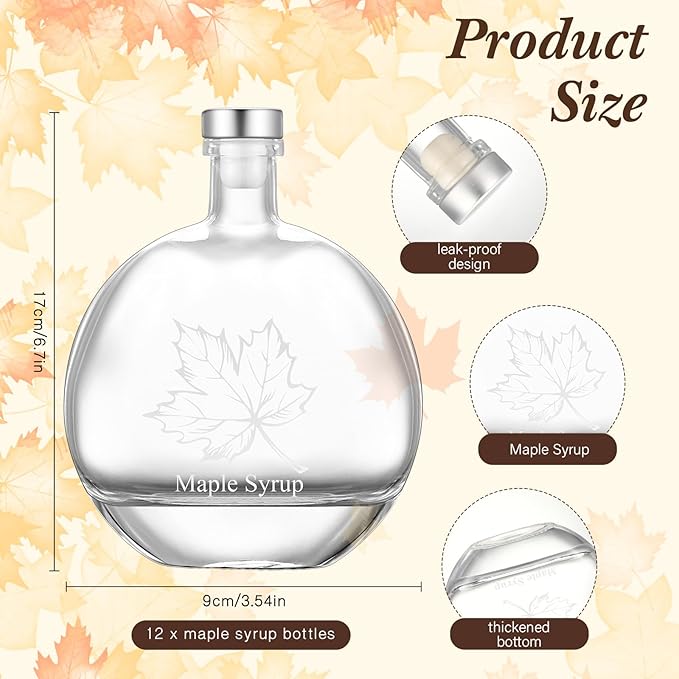 Maxdot 12 Pcs 8oz Glass Maple Syrup Bottles Clear Reusable Glass Bottles with Lids Loop Handle and Maple Syrup Stickers bottle Container for Milk Potion Juice Sauce Oil Storage Gift