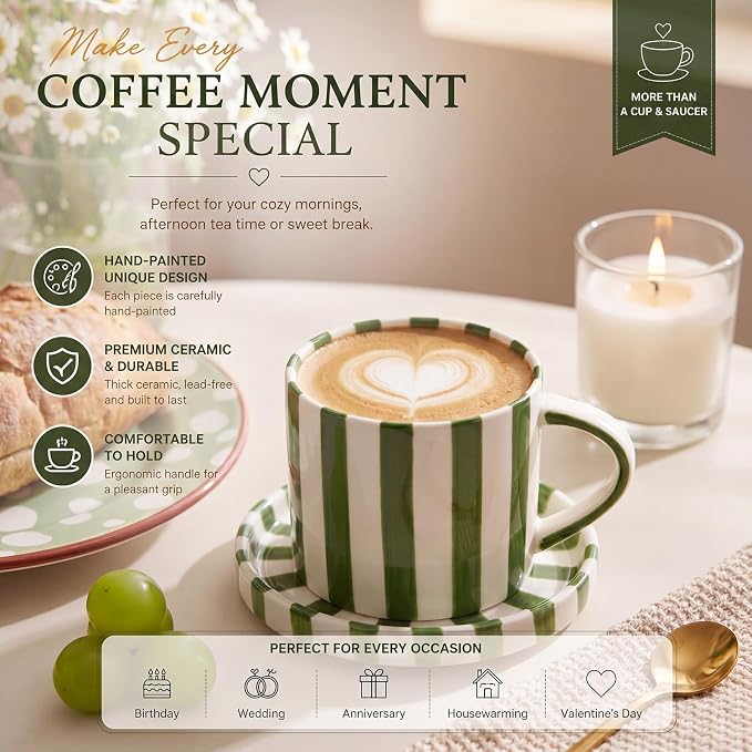 Thenshop 2 Set 8 oz Large Espresso Cups with Saucer, Striped Ceramic Coffee Mugs Great for Tea Hot Chocolate, Microwave Safe, for Women, Men, Modern, Unique Style for Kitchen, Office