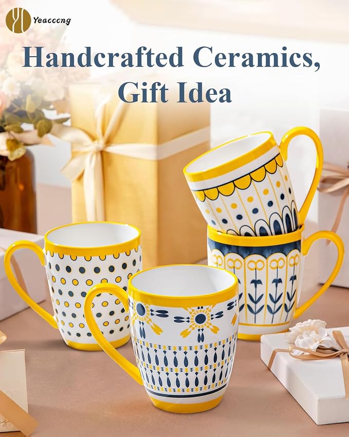 Yeacccng Bohemian Coffee Mugs Set of 6, 15 Oz Ceramic Latte Cappuccino Cups with Yellow Handle, Non-Slip Grip Sturdy Base, Dishwasher Microwave Oven Safe, Scratch-Resistant Boho Tea Mugs