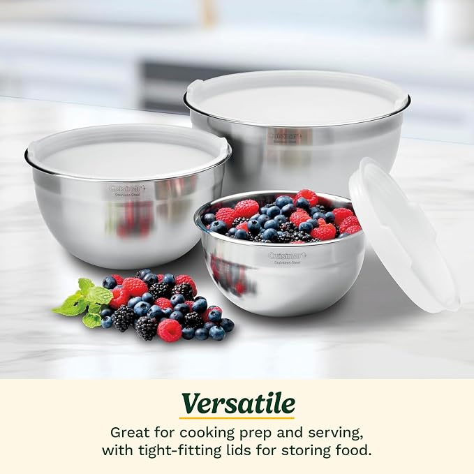 Cuisinart Mixing Bowl Set, Stainless Steel, 3‑Piece Nesting Bowls for Baking, Cooking & Food Prep, CTG-00-SMB