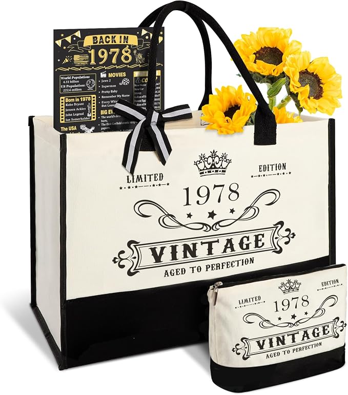 YeohJoy 48th Birthday Gifts for Women Canvas Tote Bag Travel Gear, Unique 48 Years Old Birthday Gifts for Mom Aunt Friends Wife Sister Her, Vintage 1978 Handbag & Cosmetic Bag & Back in 1978 Poster