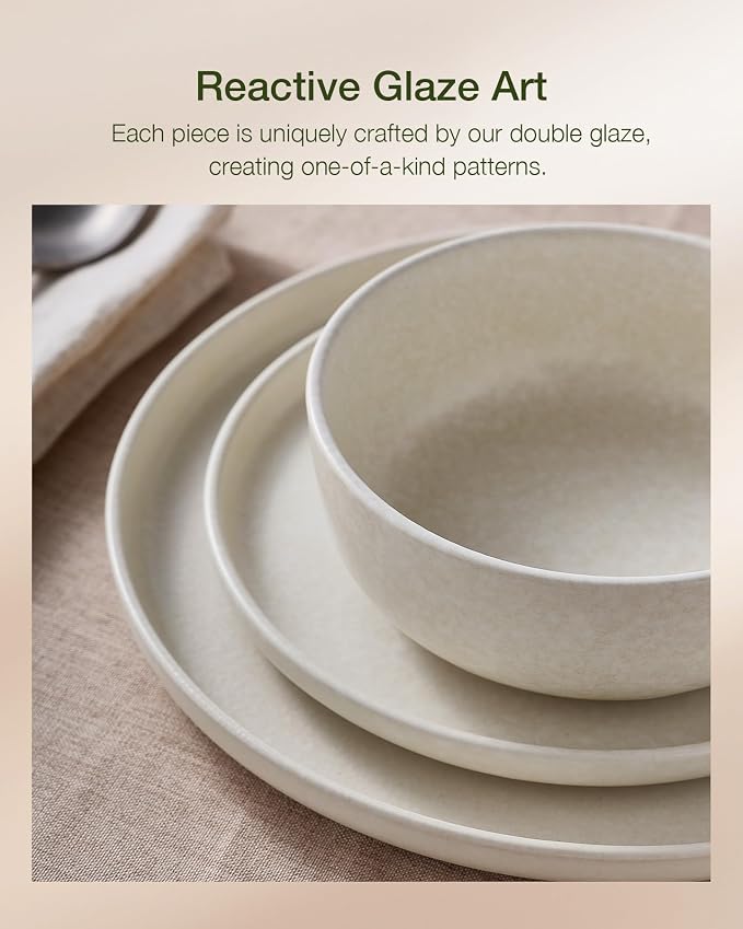 Famiware Milkyway Plates and Bowls Sets, 18 Pieces Dinnerware Sets, Reactive Glaze Dish Set, Stoneware Dishes Set for 6, Matte Beige White