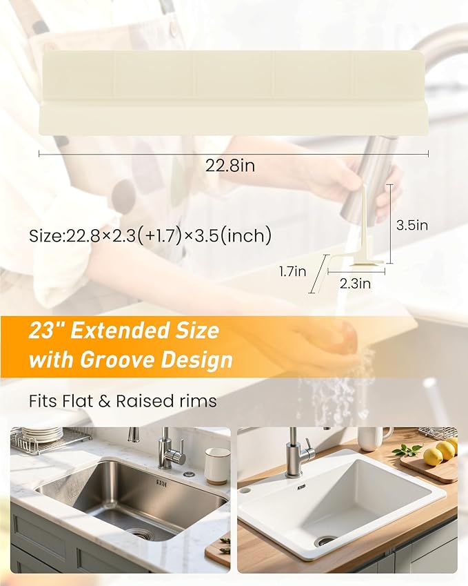 Kitchen Sink Splash Guard 23" 18" 30" Silicone Water Guard with Strong Suction Cups, Faucet & Countertop Protector, Bathroom & Sink Edge Splash Guard Strip, Dishwasher Safe-Cream 23"