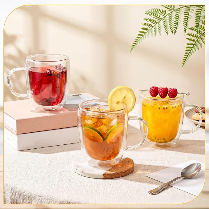 Patelai Glass Coffee Mugs Set of 4, 16 oz Clear Double Walled Coffee Cups Glasses Insulated Latte Mugs with Handle Espresso Clear Cups for Hot and Cold Beverages