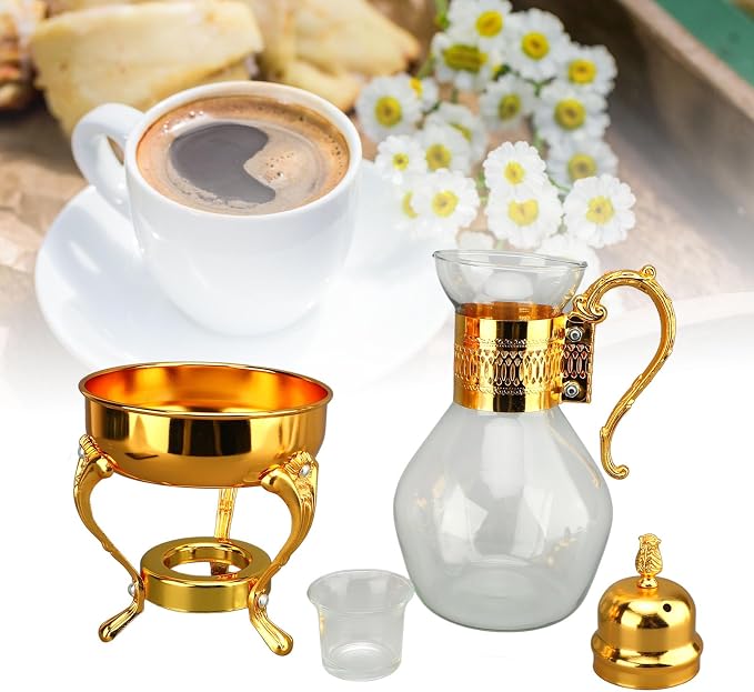 Glass Tea Pot with Warmer, 50 oz Vintage Espresso Kettle Heated Glass Coffee Pot with Handle, Heat Resistant Turkish Coffee Pitcher Teapot for Home Office Cafe Use (Gold)