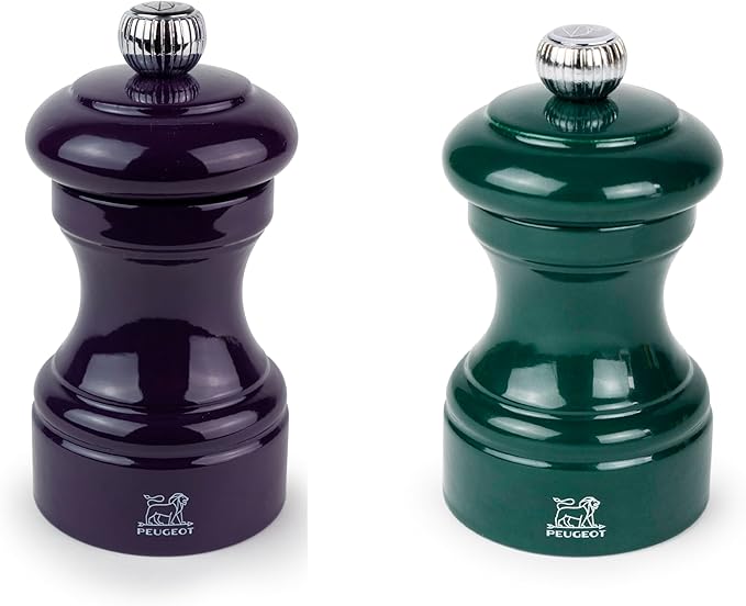 Peugeot Bistro Pepper and Salt Mill Set, 4in - Essential Kitchen Tools with Adjustable Grinding Precision, Beechwood Mills - Enhance Flavors in Everyday Cooking (Eggplant/Green)