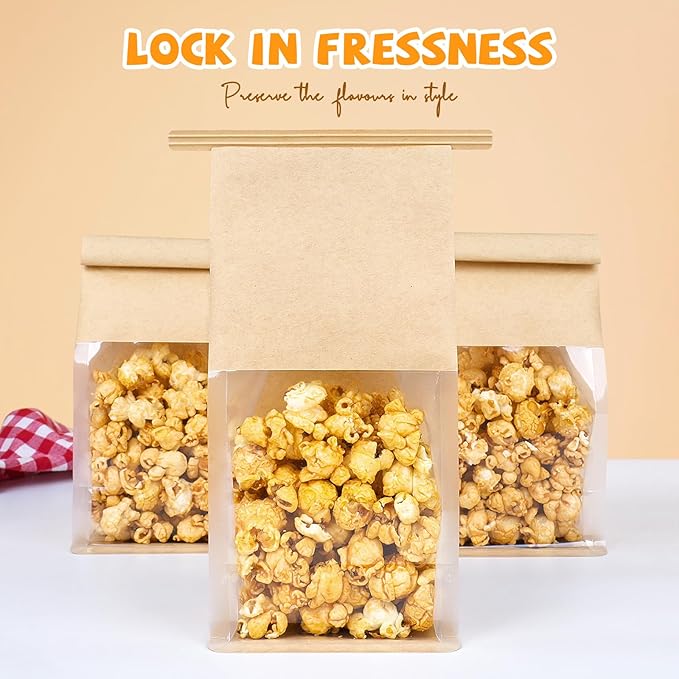 50 Pack Cookie Packaging Bags, 3.9x3.1x8.2 Inches Small Bakery Bags with Window Tin Tie Tab Lock Resealable Paper Treat Bag for Baked Goods Gift Giving and Bake Sale | Thick Material, Grease Resistant, Self Standing