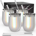 CHILLOUT LIFE 12 oz Stainless Steel Wine Tumblers 4 Pack - Double Wall Vacuum Insulated Wine Glasses Cups with Lids and Straws Set Keeping Cold & Hot for Coffee, Beer, Ice Cream - Holographic Glitter