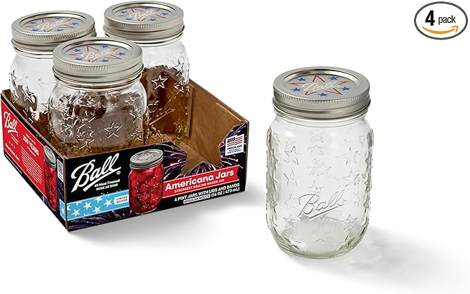 Ball Americana Regular Mouth Glass Mason Jars with Lids and Bands, Used for Canning, Pickling, Juice, Jam, Jelly, Pint Size 16 Ounce, 4 Count (Pack of 1)