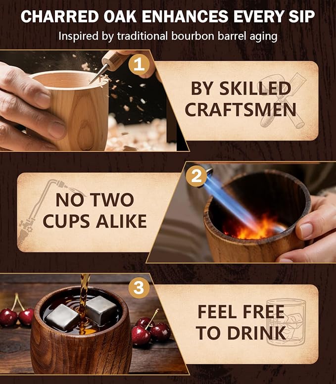 Charred Wooden Bourbon Drinking Glass, Bourbon Gifts for Men, Handcrafted Retirement Whiskey Glasses For Dad, Great Whiskey Gifts for Men, Perfect Presents For Boyfriend Father Friends, 2 Pack Luxury