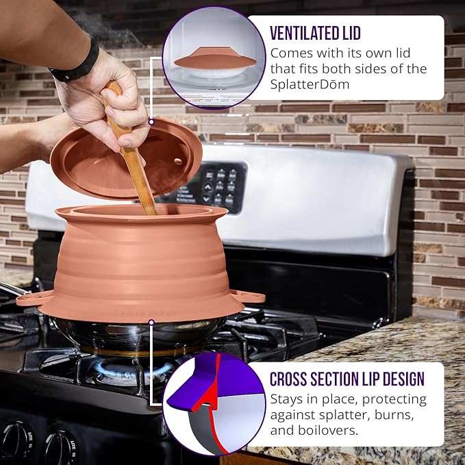 L.I.Q Silicone Splatter Guard – Fits 10 and 12 Inch Pots (25 and 30 Centimeters) – Microwave Safe and Durable SplatterDom - Includes 10” Lid - Food and Oil Splash Guard (Terra Cotta, Large)