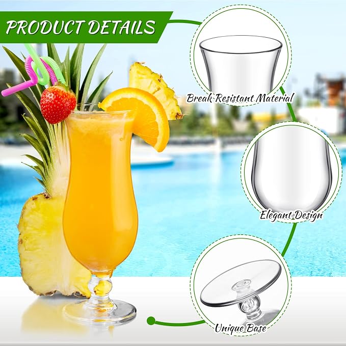 Lallisa 12 Pcs Plastic Hurricane Glasses 15 oz Shatter Resistant Clear Plastic Pina Colada Cocktail Glasses Break Resistant Drinking Tulip Milkshake Cups for Beer Juice Margarita