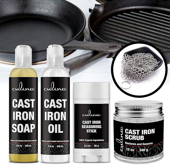 Culina Cast Iron Seasoning Stick & Soap & Oil Conditioner & Restoring Scrub & Stainless Scrubber | All Natural Ingredients | Best for Cleaning, Non-stick Cooking & Restoring | Cast Iron Cookware