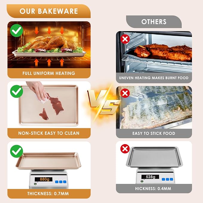 Baking Sheet Pan Set of 3, Nonstick Commercial Cookie Sheets for Baking | Commercial Half/Quarter/Jelly Roll Pans Replacement Toaster Oven Tray, Heavy Duty & Easy Clean