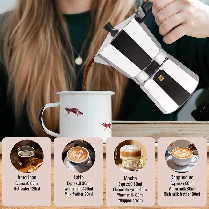 2 Cup Aluminum Moka Pot Classic Stovetop Espresso Coffee Maker 100ml 3.4oz Coffeemaker Percolator Mocha Pot Greca Coffee Maker Cafe Makers for Italian and Cuban Café Brewing Silver
