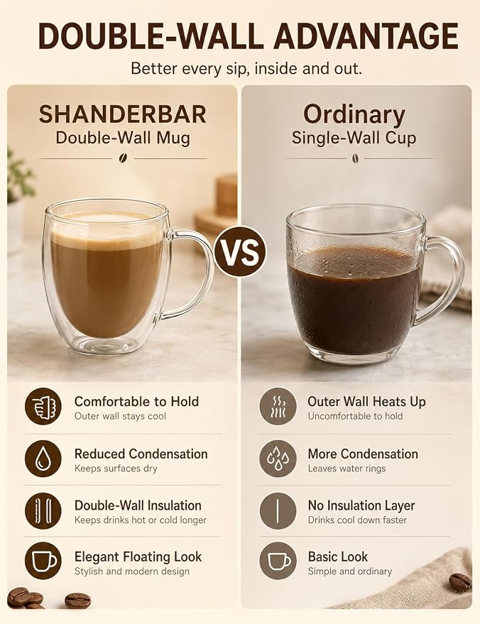 Set of 4 Double Walled Glass Coffee Mugs with Handles, 8.5oz Clear Coffee Mugs for Hot/Cold Beverages, Insulated Borosilicate Glass Cups for Cappuccino, Espresso, Latte, Tea, Milk, Microwave Safe