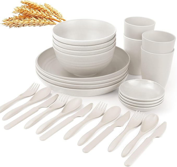Wrova Wheat straw dinnerware sets - 28 Pieces dish sets service for 4 - Lightweight and Unbreakable Plates and Bowls Sets for Travelling and Camping.White