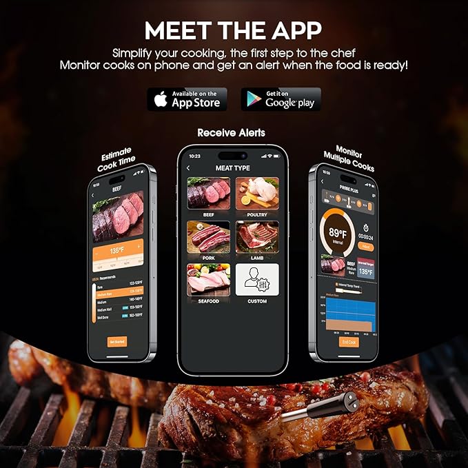 BSRCO Wireless Meat Thermometer, Digital Food Thermometer for Cooking and Grilling, 360 ft Bluetooth Smart Meat Thermometer, for Oven Safe, Kitchen, Smoker, Sous Vide, iOS & Android App Compatible