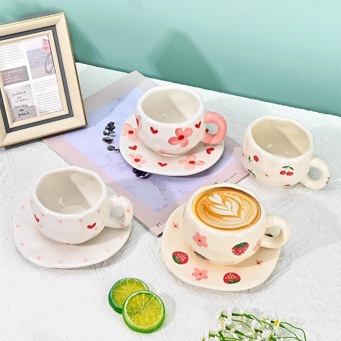 Koythin Ceramic Coffee Mug with Saucer Set, Cute Creative Pink Flower Cup Unique Irregular Design for Office and Home, 10 oz/300 ml for Latte Tea Milk