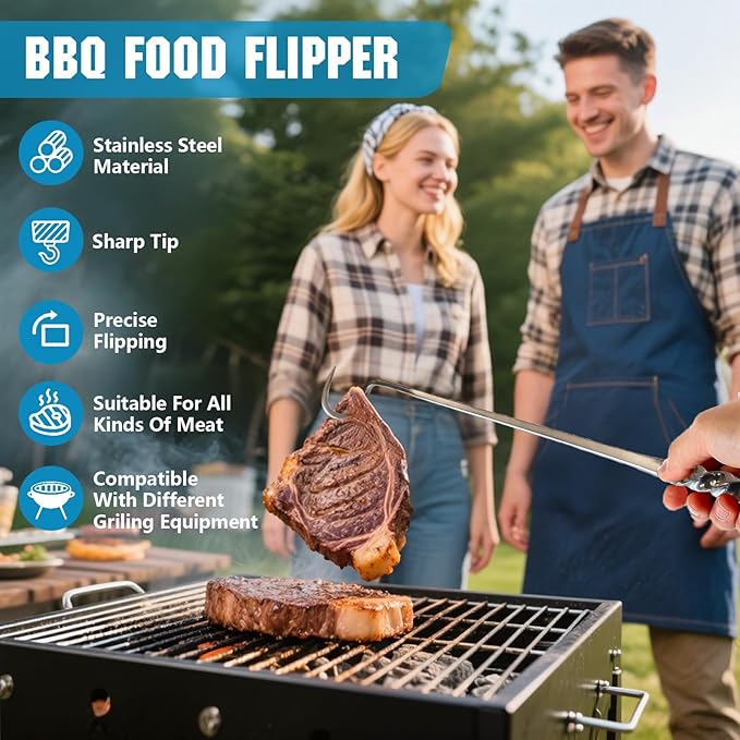 Meat Flipper, Grill Hooks for Turning, Heavy Duty Stainless Steel BBQ Turner Hooks with Long Handle for Flipping Ribs, Pork Shoulder, Roast on Smoker Grilling (Left Hand - A)