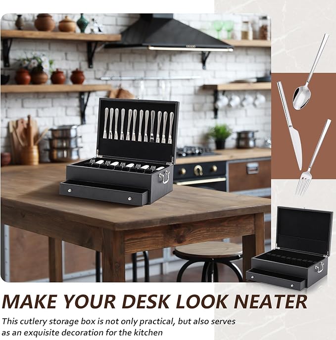 DoubleFill 2 Layer Leather Silverware Storage Box with Lid and Handles, Anti Tarnish Silverware Storage Chest Case with Felt-lined for 12-16 or More Sets of Utensils Flatware Gifts, 15.3x11.2x5.7 Inch