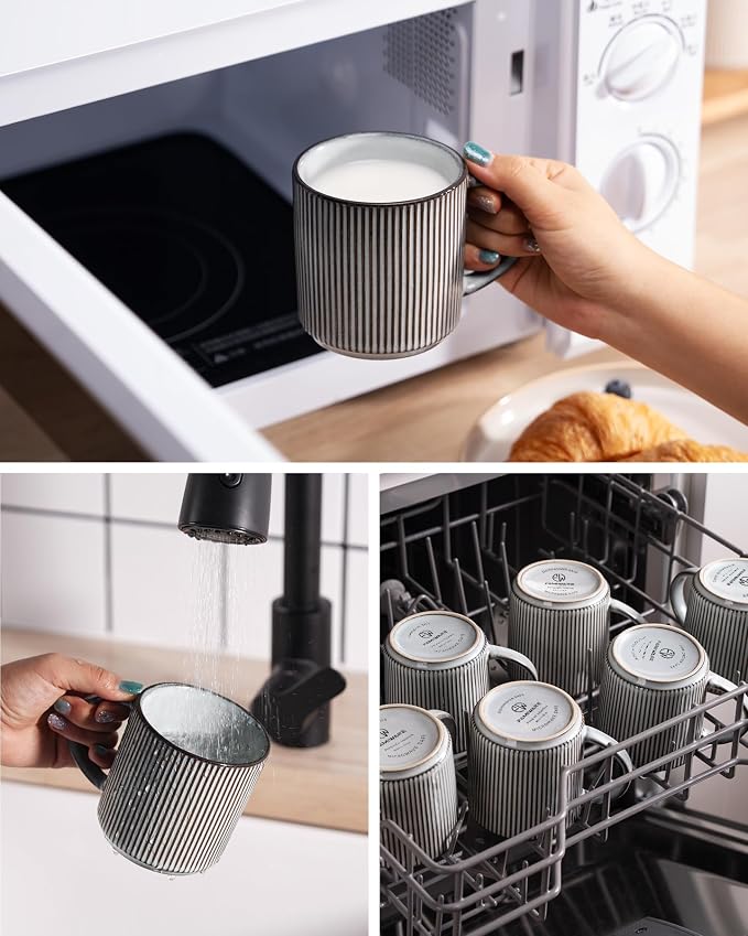 famiware Coffee Mug Set for 6, Star 12 oz Catering Mugs Cup Set with Handle for Coffee, Tea, Cocoa, Milk - Ceramic Stoneware Drinkware Set, Cappuccino White+Smoky Blue