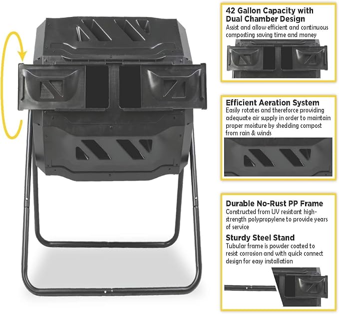 MaxWorks Dual‑Chamber Compost Tumbler, 42‑Gallon Capacity Rotating Outdoor Composter with Aeration Vents, UV‑Resistant Polypropylene Drum and Steel Frame, Includes Gloves (50891)