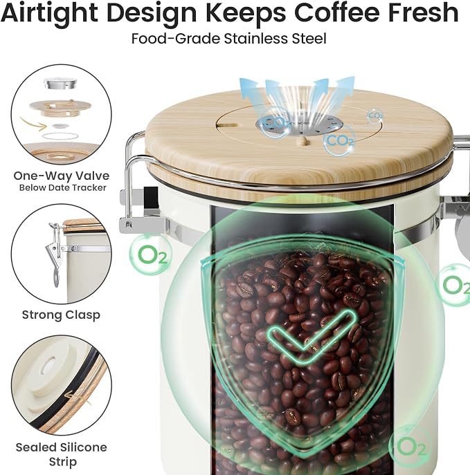 Veken Coffee Sugar Canister with Window, Airtight Stainless Steel Kitchen Food Storage Container with Lids, Date Tracker and Scoop for Grounds Coffee, Beans, Tea, Flour, Cereal Jars, 16OZ, Cream