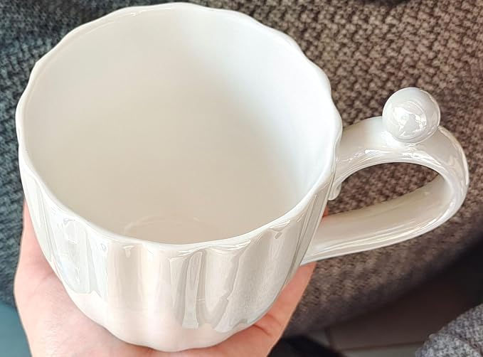 Pearl Ceramic Coffee Mug for Tea Latte Milk Cute Love Shape Cup for Home Office Women Gift 6.5 oz (Shell White, 420 ml)