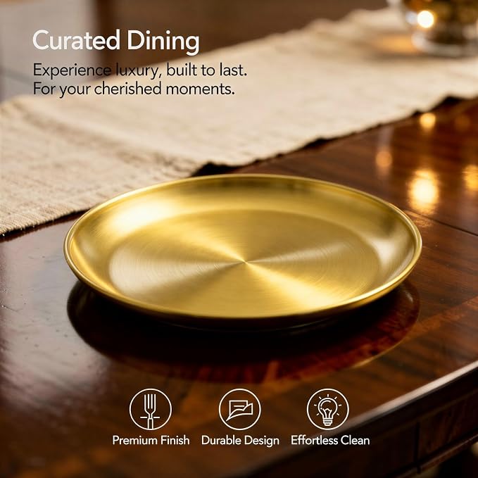 30PCS Stainless Steel Plates and Bowls Sets, Includes 6Set Plates, Beer Mugs, Salad Bowls, Gold Forks & Spoons, 304 Reusable Camping Mess Kits for Home Kitchen, Dorm and Outdoor Picnic (Gold-B)