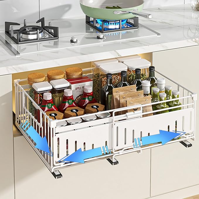 Expandable Pull Out Cabinet Organiser, No Drill Adhesive Slide Out Kitchen Drawer Shelf Durable Metal for Under Sink, Cupboard, Pantry, Adjustable Width (12.8"-19.7") (Style A White, 1 Pack)