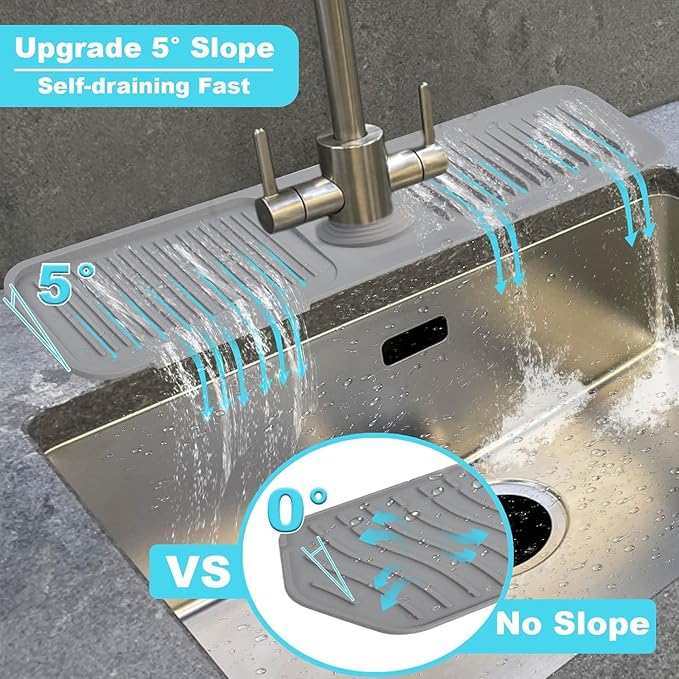 2 Pcs 40x12 cm Silicone Faucet Mats for 3.5-6cm Faucets Handle Drip Catcher Tray Faucet Sink Splash Guard Drying Mat for Kitchen Bathroom Counter Drying Pad Faucet Draining Pad (Grey)