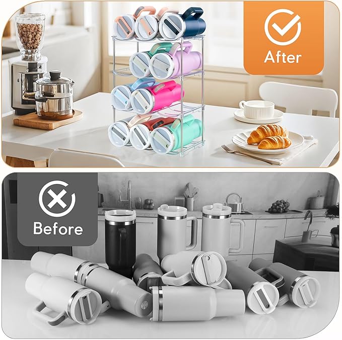 Sbosbo Water Bottle Organizer for Stanley 40 oz Tumbler, Stackable Tumbler Storage, 3 Pack Water Bottle Organizer for Cabinet, Pantry Kitchen Storage & Organization for Stanley Cup - Hold 9 Bottles